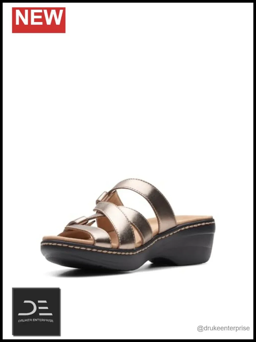 Clarks Women's Wedge Sandals Metallic Leather Open Toe Comfort
